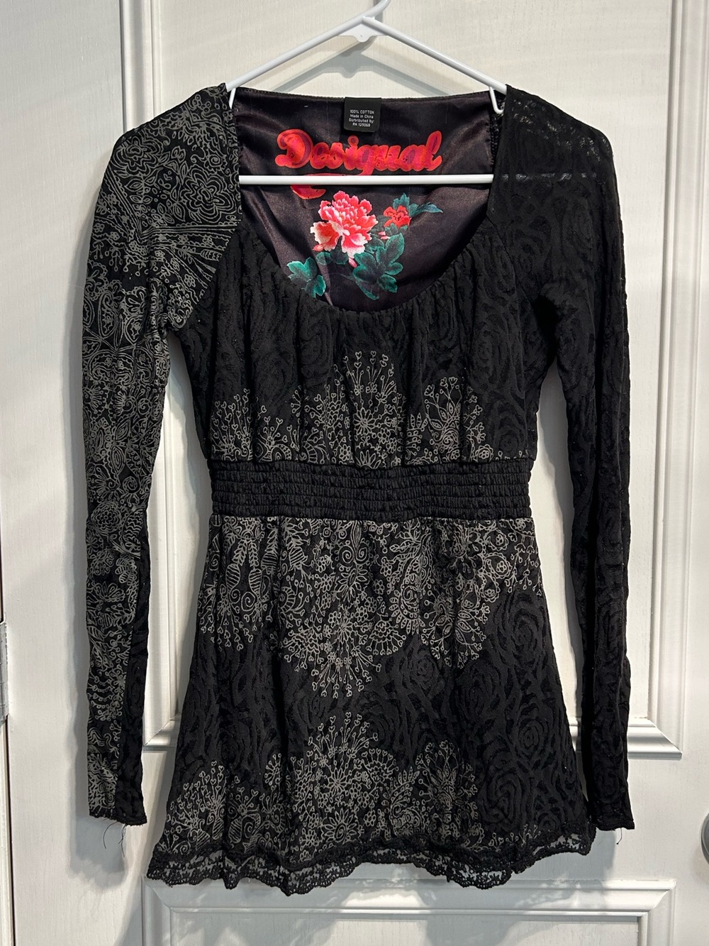 Desigual Black Lace Long-Sleeve Scoop Neck Top with Floral Back Accent